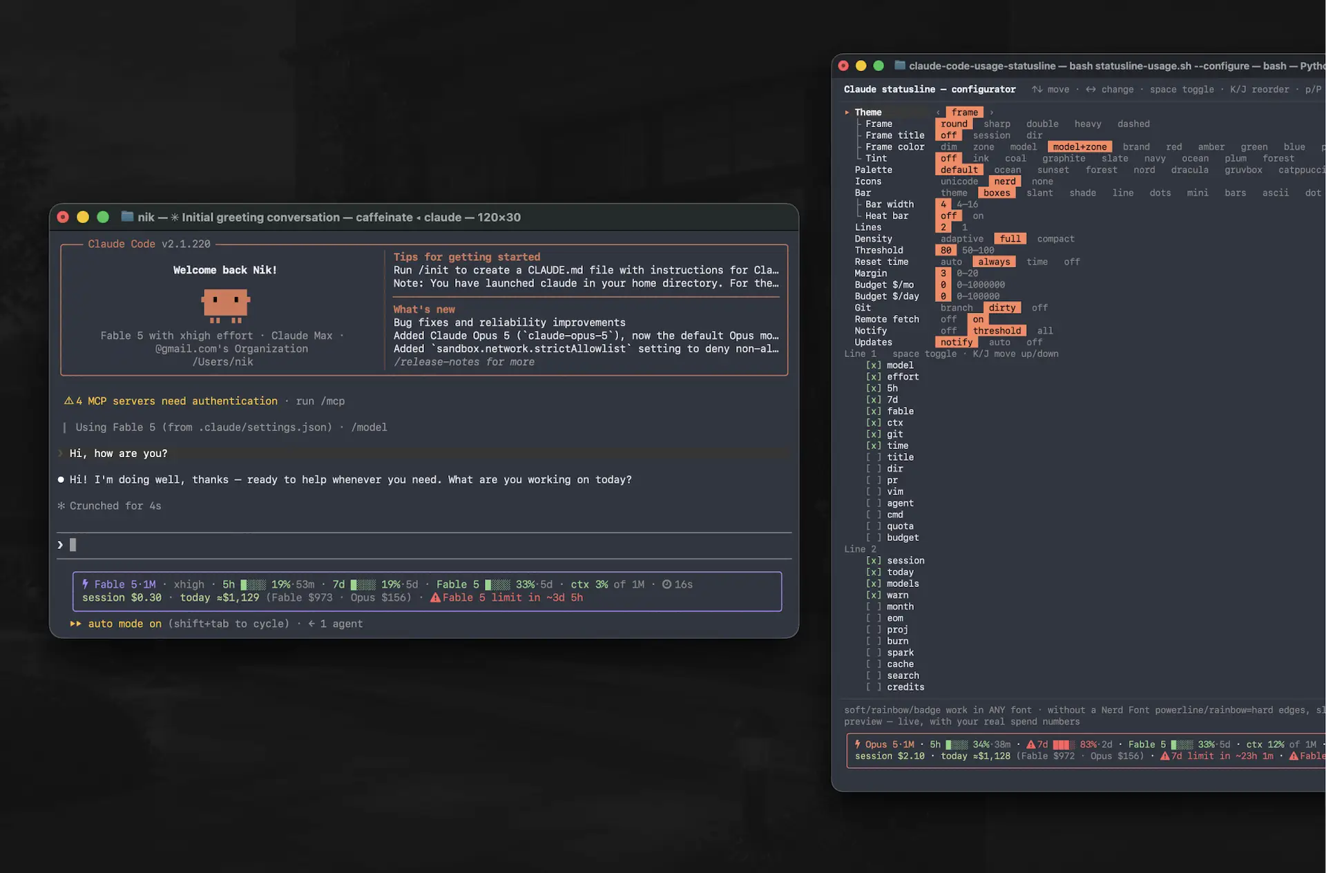 Claude Code usage statusline and its live TUI configurator